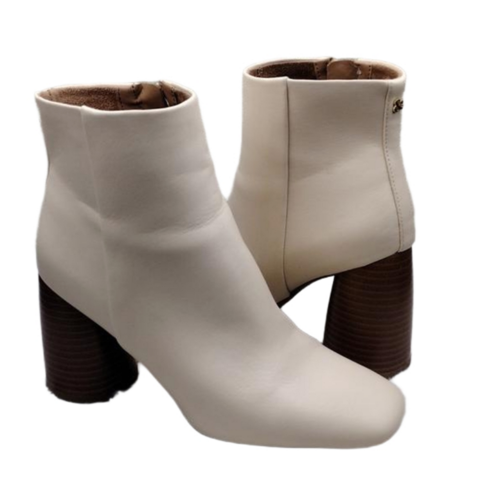Sam & Libby Ivory Faux Leather Square Toe Side Zip Round High Heel Ankle Boot